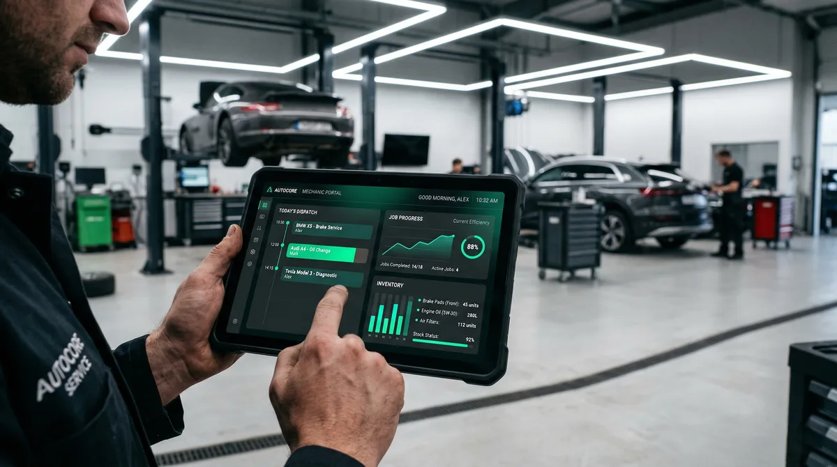 Automotive service centre with cars in repair bays, CarOps Suite ERP system case study